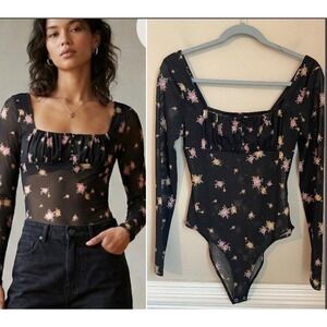 Forever 21 Size M Floral Sheer Mesh Milkmaid Bodysuit Coquette Going Out Y2K